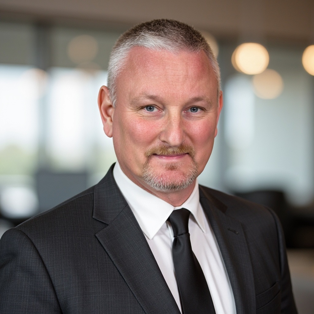 Headshot of Kim Vigsbo wearing a dark suit, a white shirt, and a dark tie.