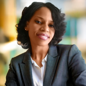 Headshot of Shervelle Marquina wearing a navy blue pinstripe blazer
